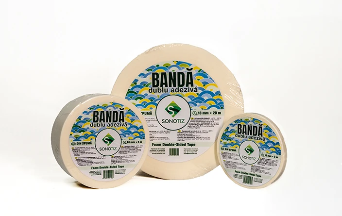 Eco double-sided tape rolls for soundproofing and thermal insulation applications manufactured by Sonotiz