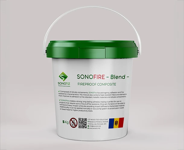 Container of Sonofire Blend complementary fire-resistant soundproofing and thermal insulation material