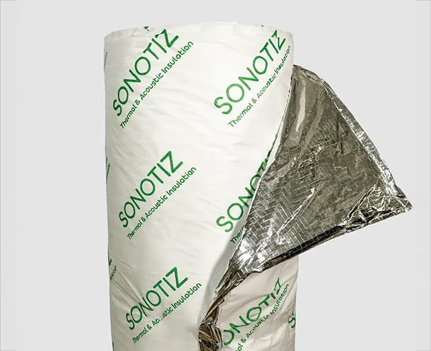 Thermal insulation panels and layered cross-section by SONOTIZ showing installation and materials