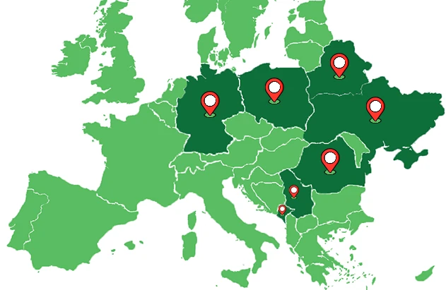 Interactive map highlighting locations of a manufacturer specializing in soundproofing and thermal insulation systems across Europe