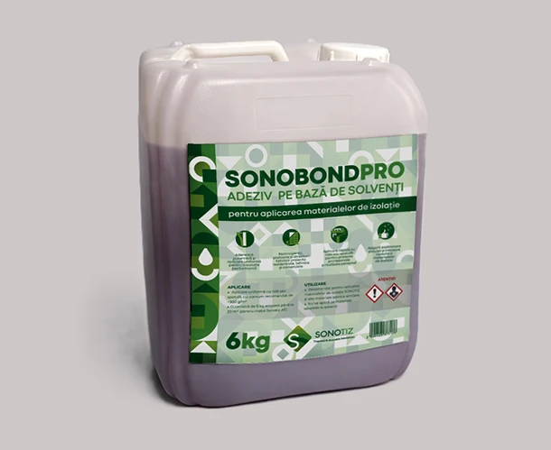 Container of SonobondPro adhesive used in complementary materials for soundproofing and thermal insulation systems