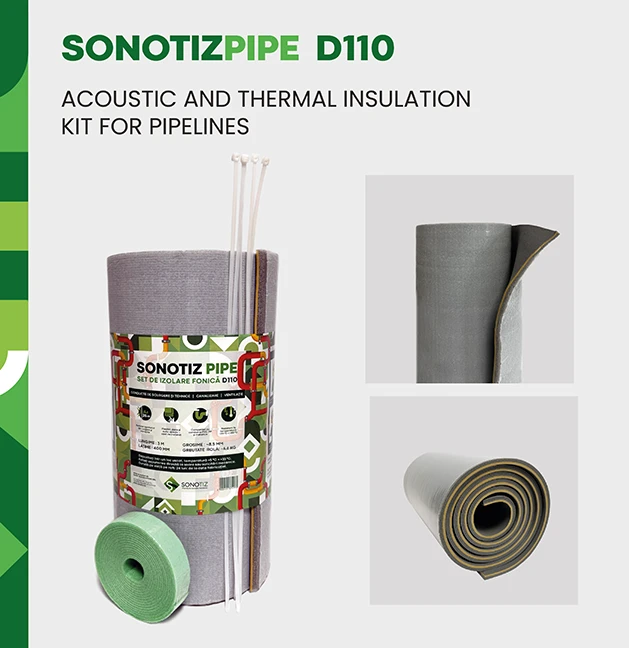 SONOTIZ PIPE D110 - комплект для звуко- и теплоизоляции трубопроводов, включающий рулонный изоляционный материал и отрезки труб
