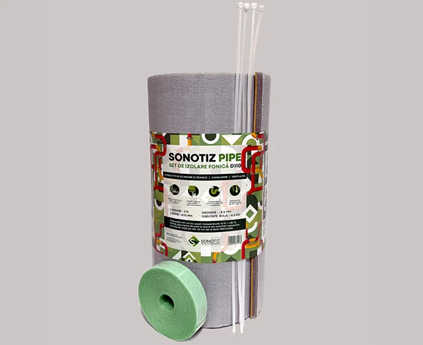 Звукоизоляционный материал SONOTIZ PIPE - цилиндрическая система тепло- и звукоизоляции с этикеткой и измерительным приспособлением на верхней части