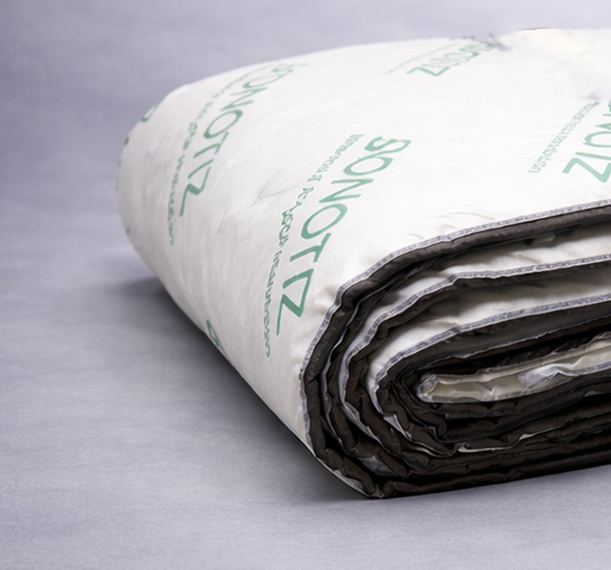 SONOTIZ AT rolled soundproofing and thermal insulation material with branded packaging on a gray background