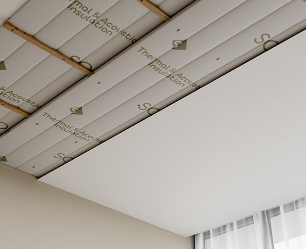 SONOTIZ AT soundproofing and thermal insulation system installed on ceiling interior