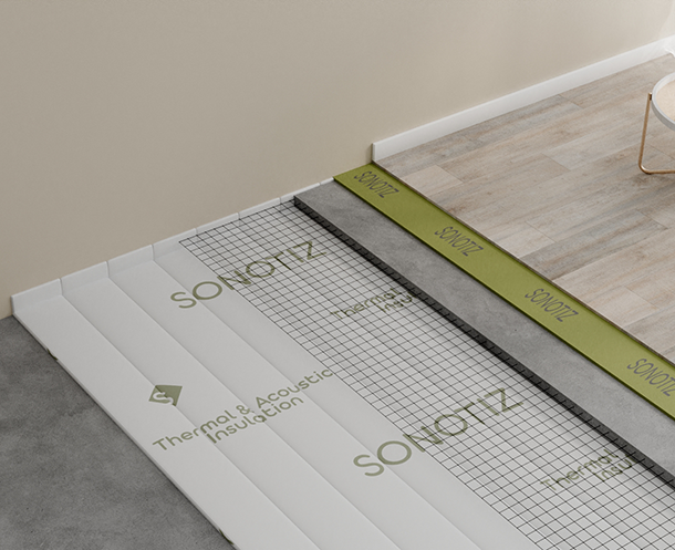 SONOTIZ AT soundproofing and thermal insulation system layers installed on floor surface