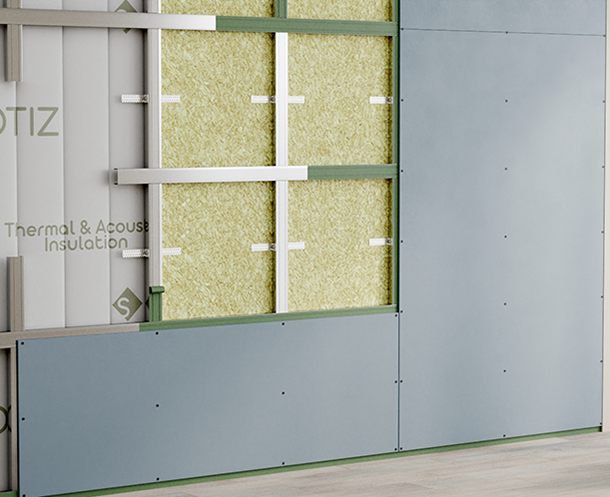 SONOTIZ AT soundproofing and thermal insulation panels installed on a wall system