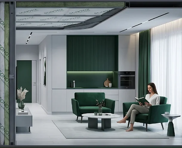 Modern office interior with soundproofing and thermal insulation elements, featuring a woman seated on a green sofa reading a book, aligned with the Blog page theme