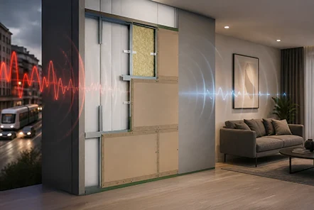 Cross-section of a multilayer soundproof wall system showing insulation layers and metal framing for effective soundproofing and thermal insulation in a modern interior setting