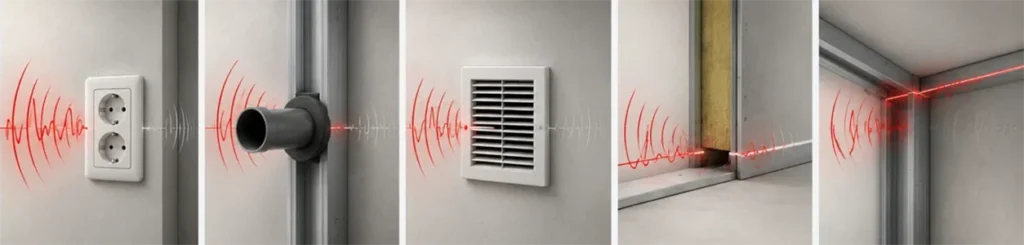 Diagram showing soundproofing material classification and wall system with sound waves blocked by a vent, illustrating principles for choosing soundproofing materials.