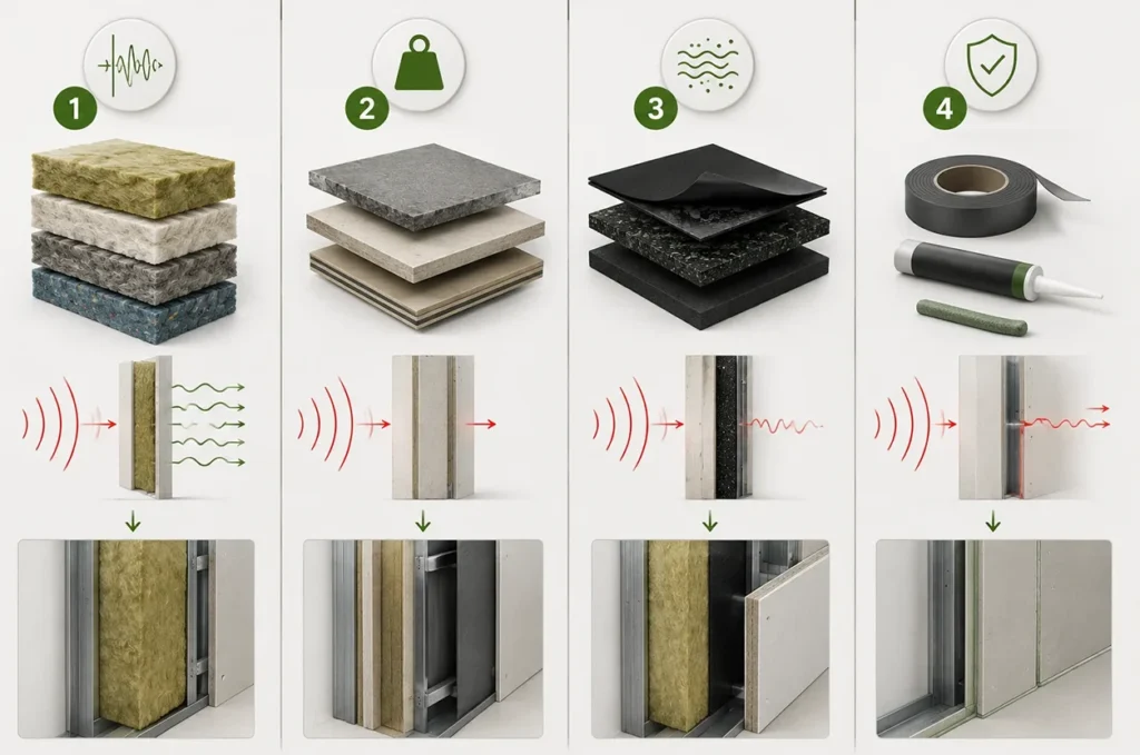 Diagram showing classification of soundproofing materials and wall system layers for effective noise insulation on a guide about choosing soundproofing materials without myths